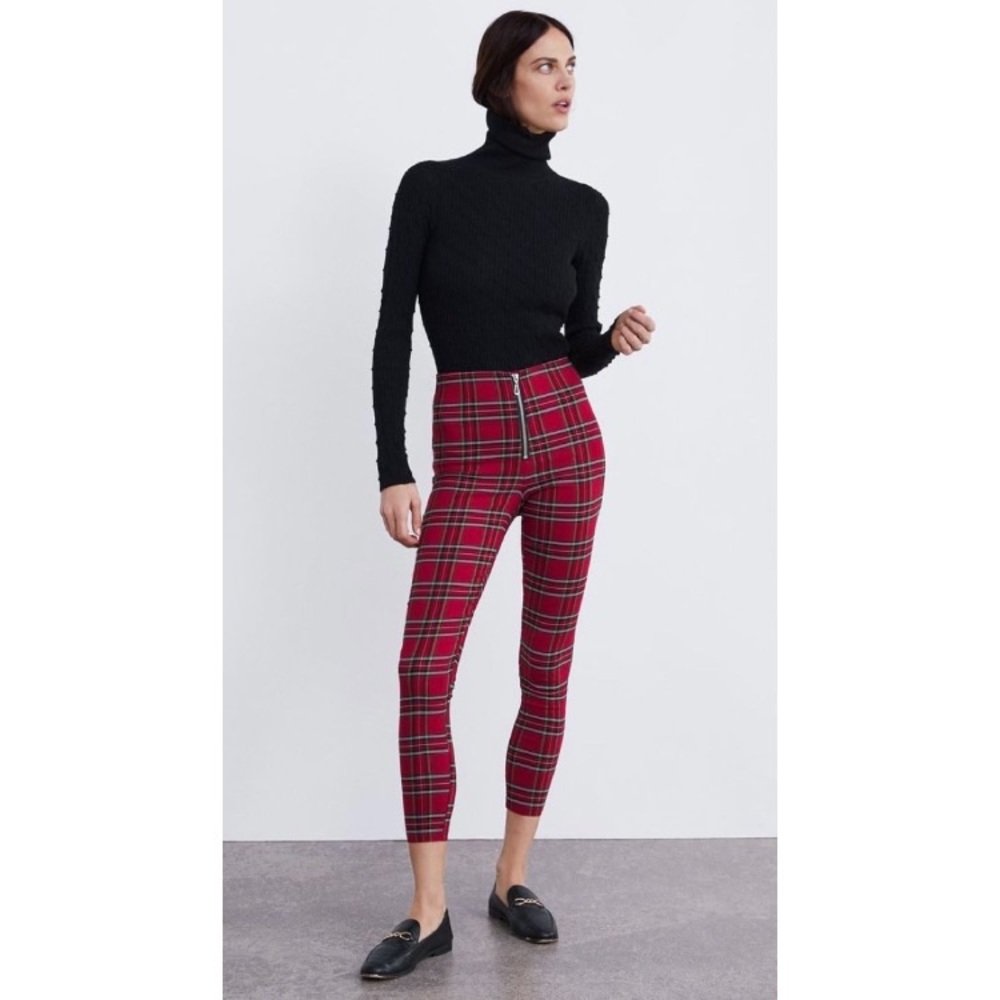 Zara High Rise Red Tartan Leggings with Front Zip